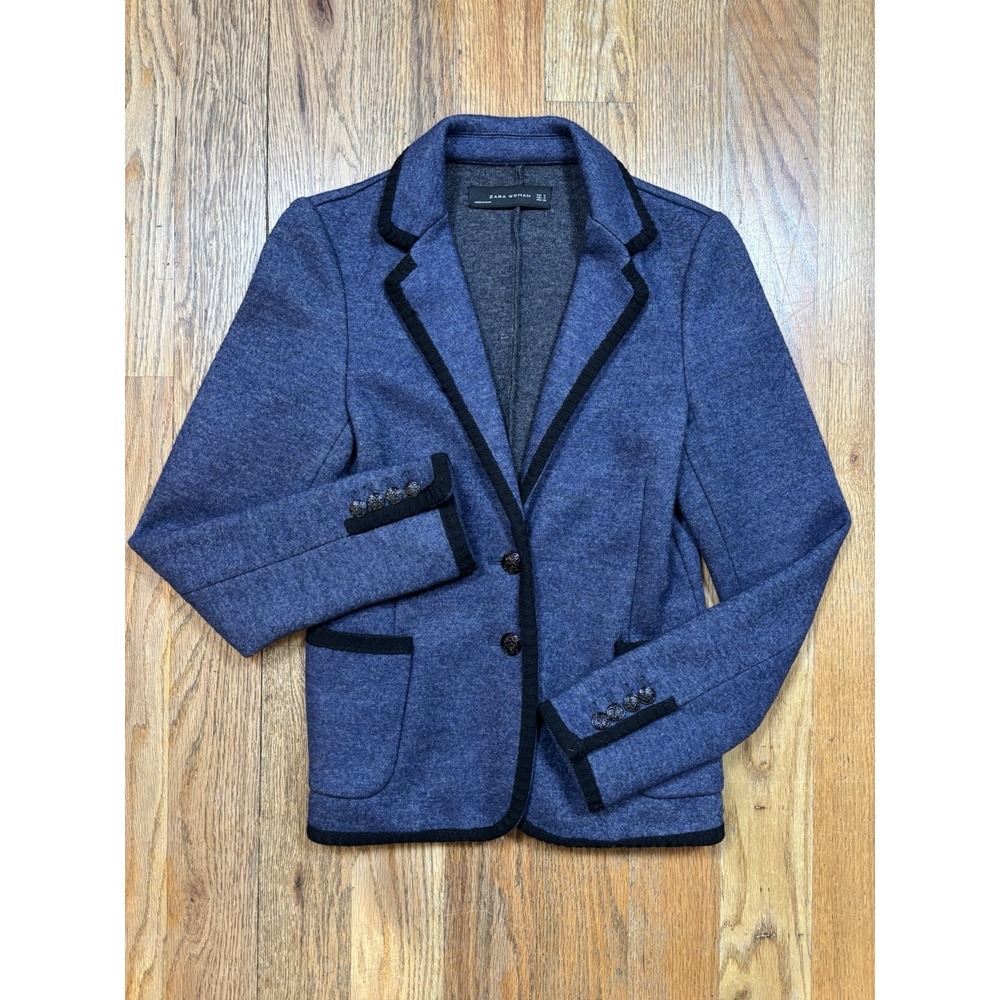 Zara Wool Blend Schoolboy Tailored Knit Blazer Jacket Women's Size Small‎ Blue